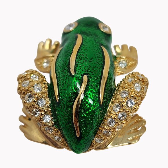Vintage Green Enamel Rhinestone Frog Pin Signed Roman Gold Tone 1.25" - Picture 3 of 6